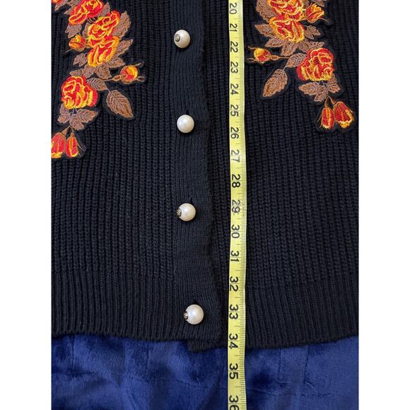 Unique Long Black Embroidered Appliqués Cardigan Sweater Sz M Designer Inspired - Picture 8 of 9